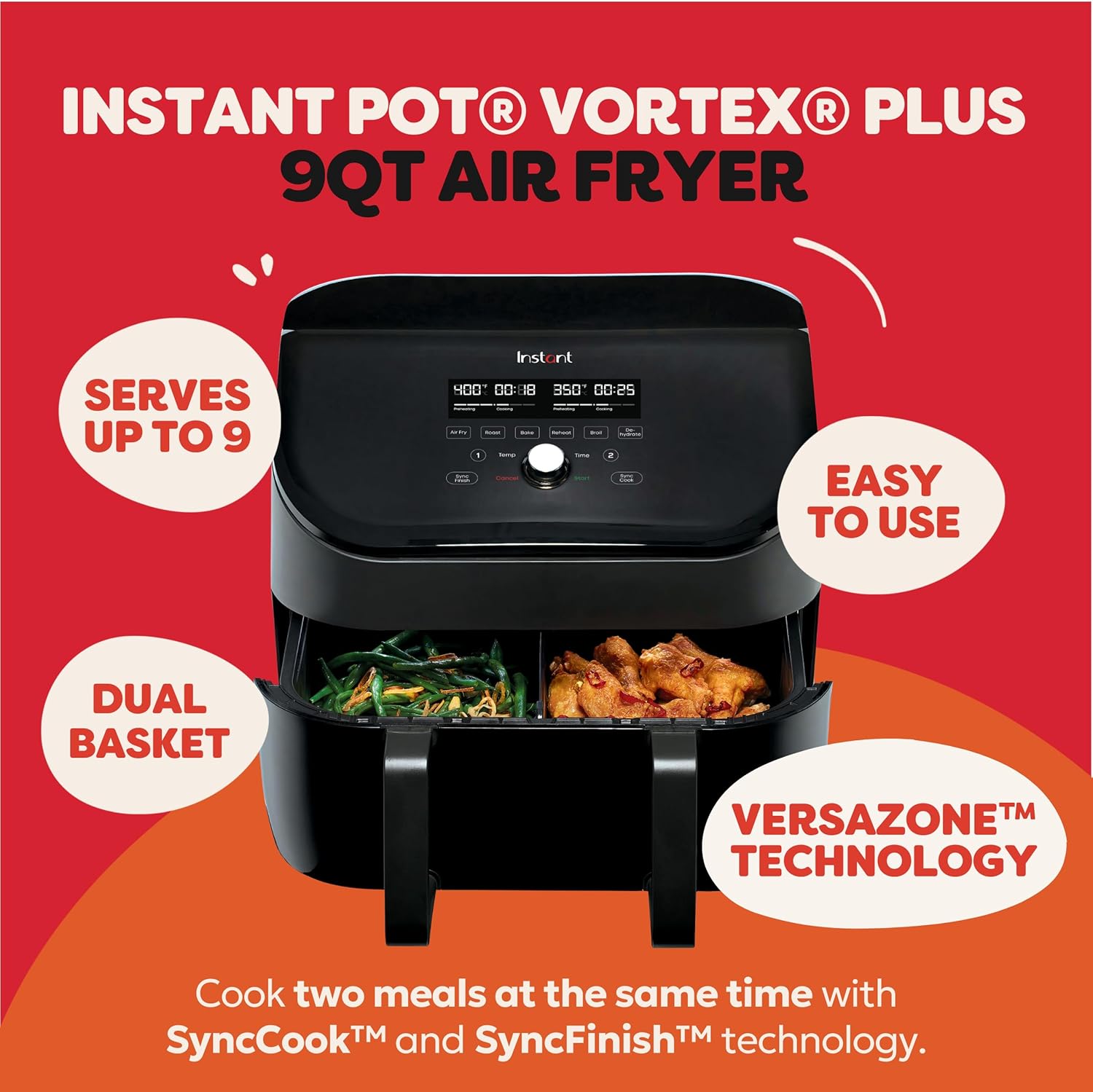 Instant Pot VersaZone 9QT Air Fryer,8-in-1 Functions with EvenCrisp Technology, Crisps,Broils, Bakes,Roasts, Dehydrates,Reheats at Same or Different Temperature, from the Makers of Instant Pot, Black