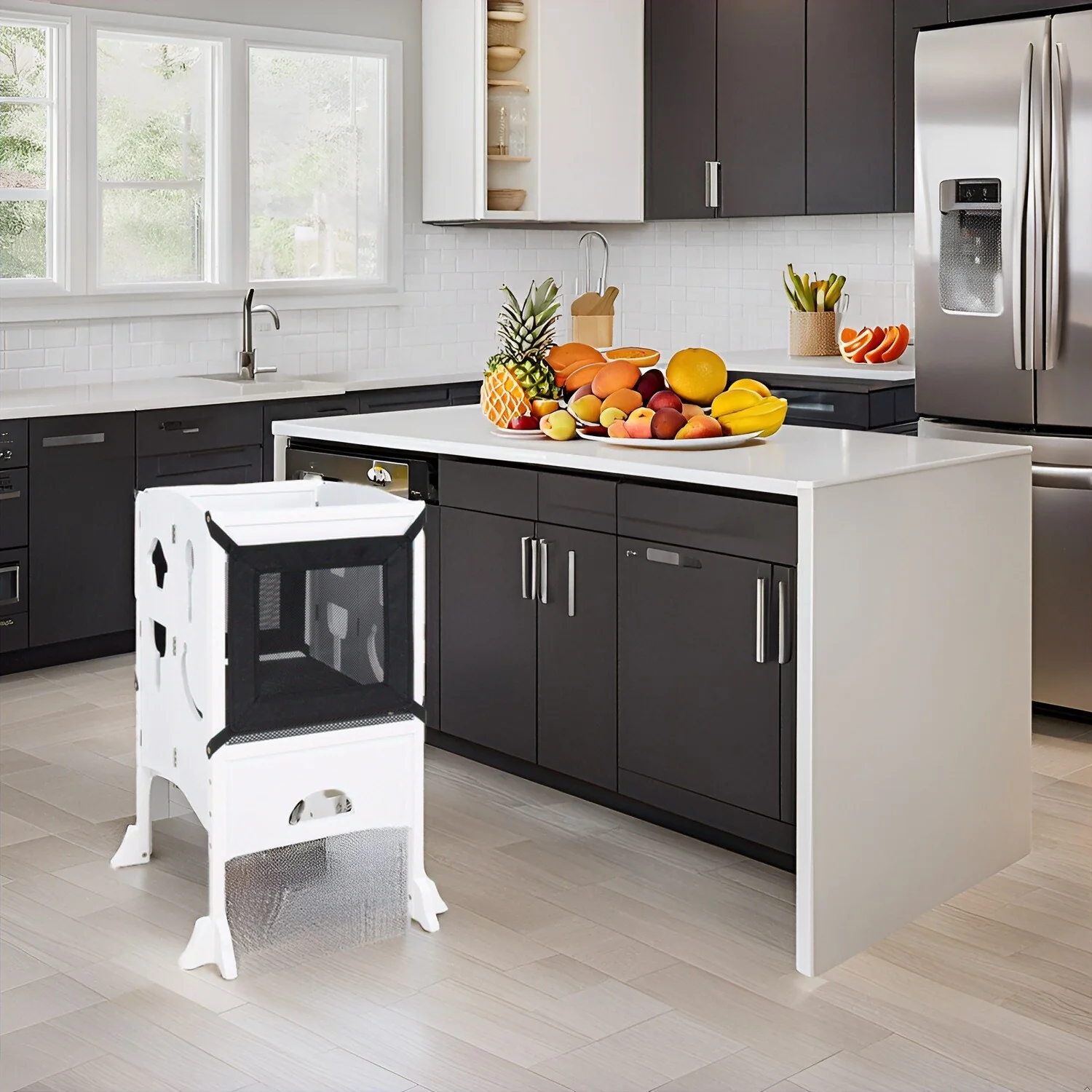 Kids Wooden Kitchen Step Stool with Safety Rails and Anti-Slip Mat, Kids Countertop Step Stools for Kids