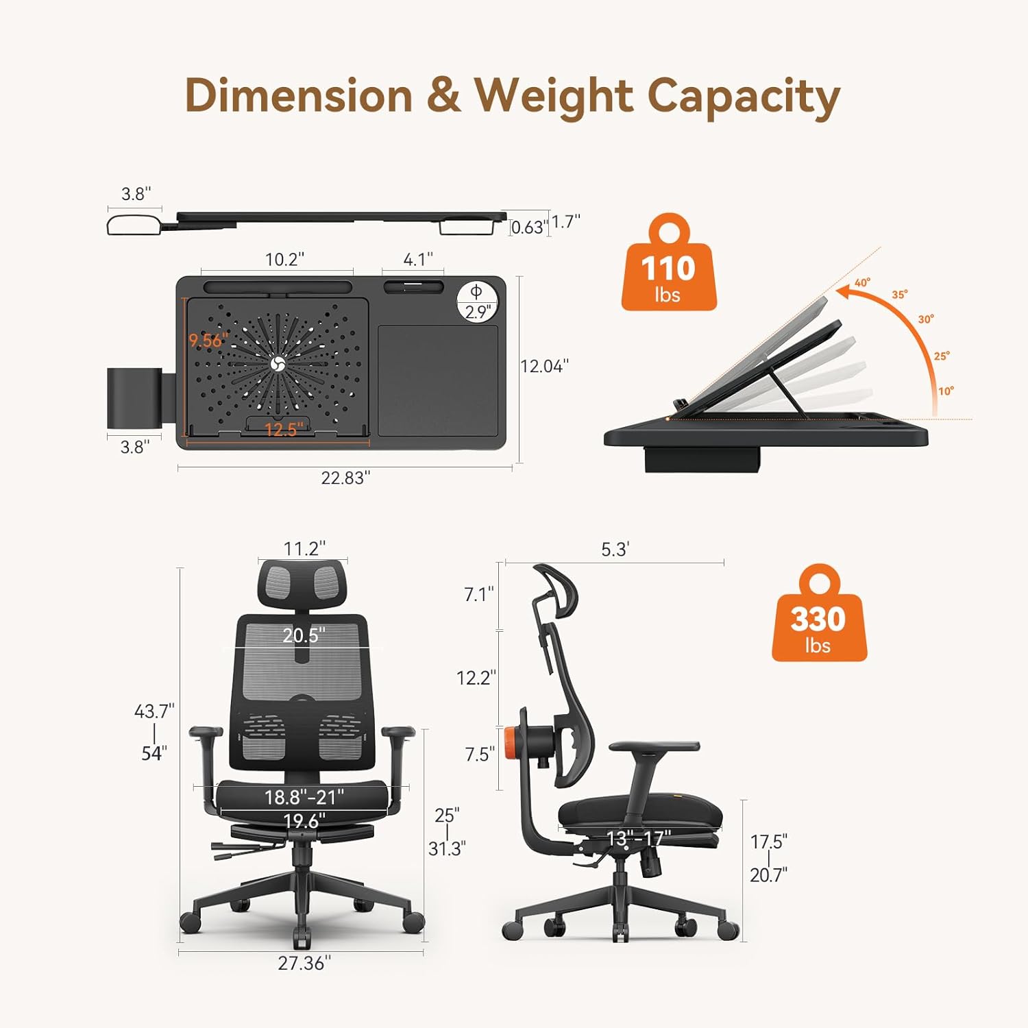 Newtral Ergonomic Office Chair with Laptop Tray - Desk Chair with 4D Armrests, Dynamic Lumbar Support, ComFootrest & 136° Recline - High Back Executive Chair for Home Office (with Laptop Desk)