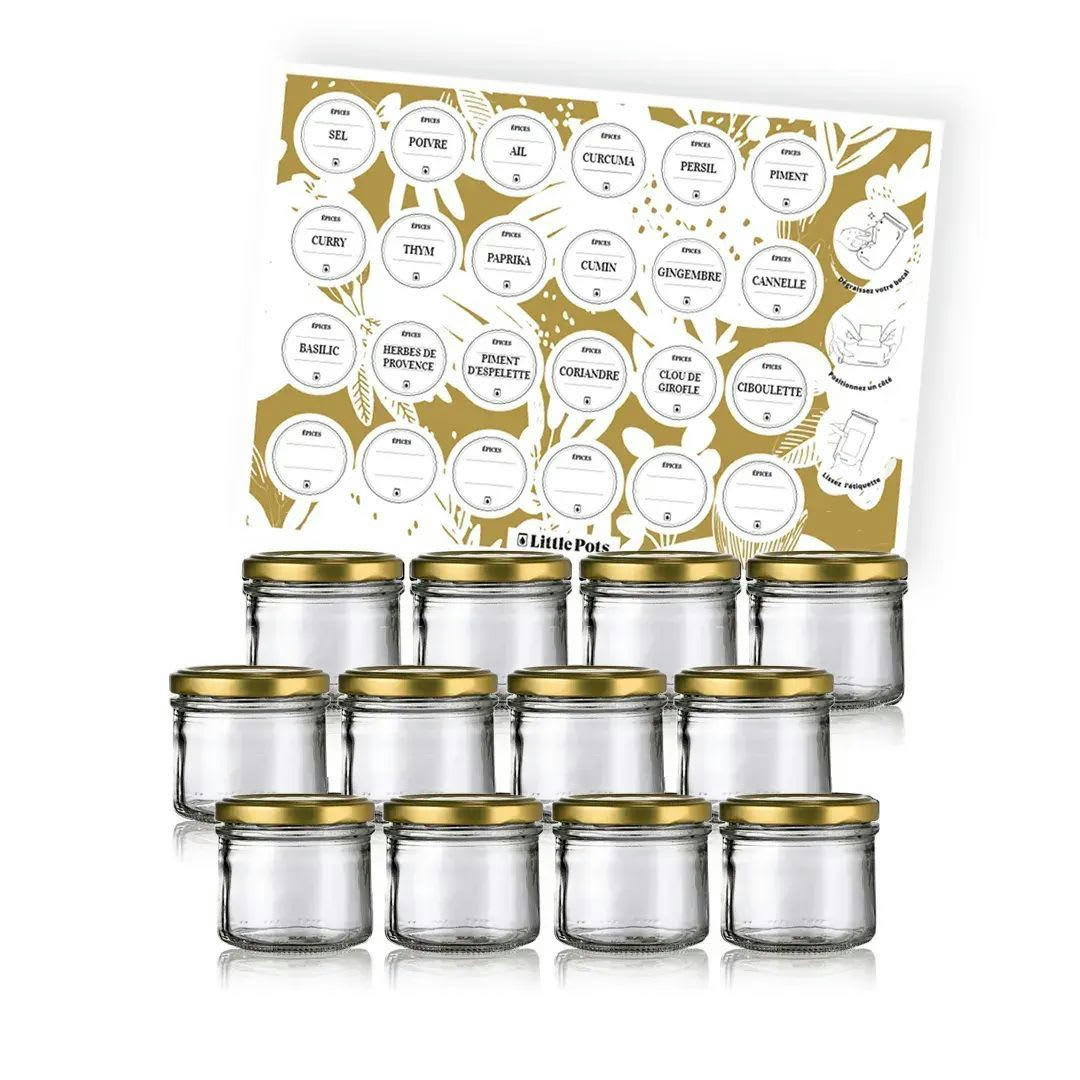 PACK EPICES - Pack épices - 12 pots 130ml couvercles or + étiquettes