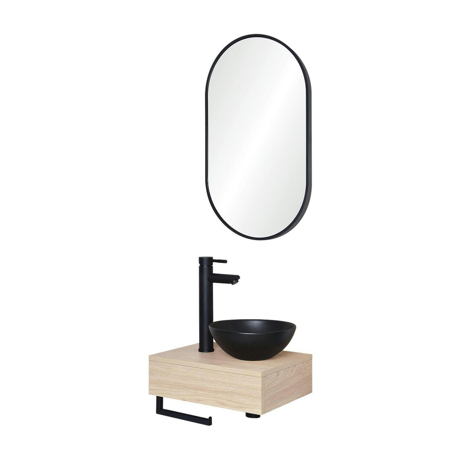 SOHO - Meuble lave-mains  plan épais vasque noire + robinet + miroir