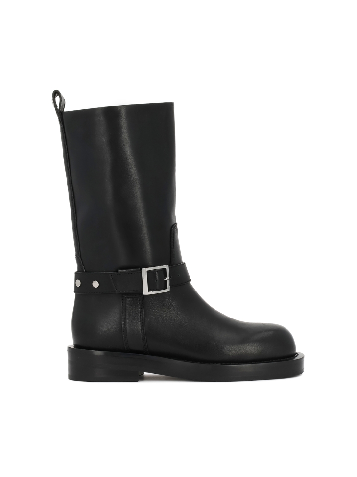 Black leather biker boots with decorative strap
