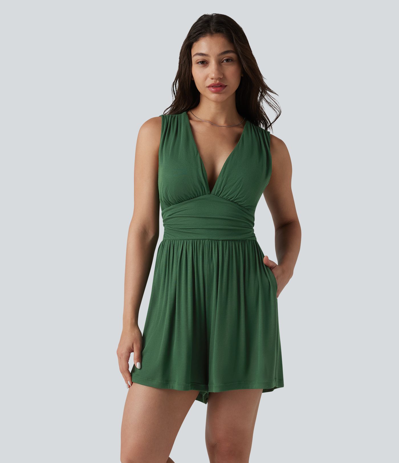 Combishort casual côtelé sans manches col V, fronces et soutien-gorge intégré, avec poches – Easy Peasy