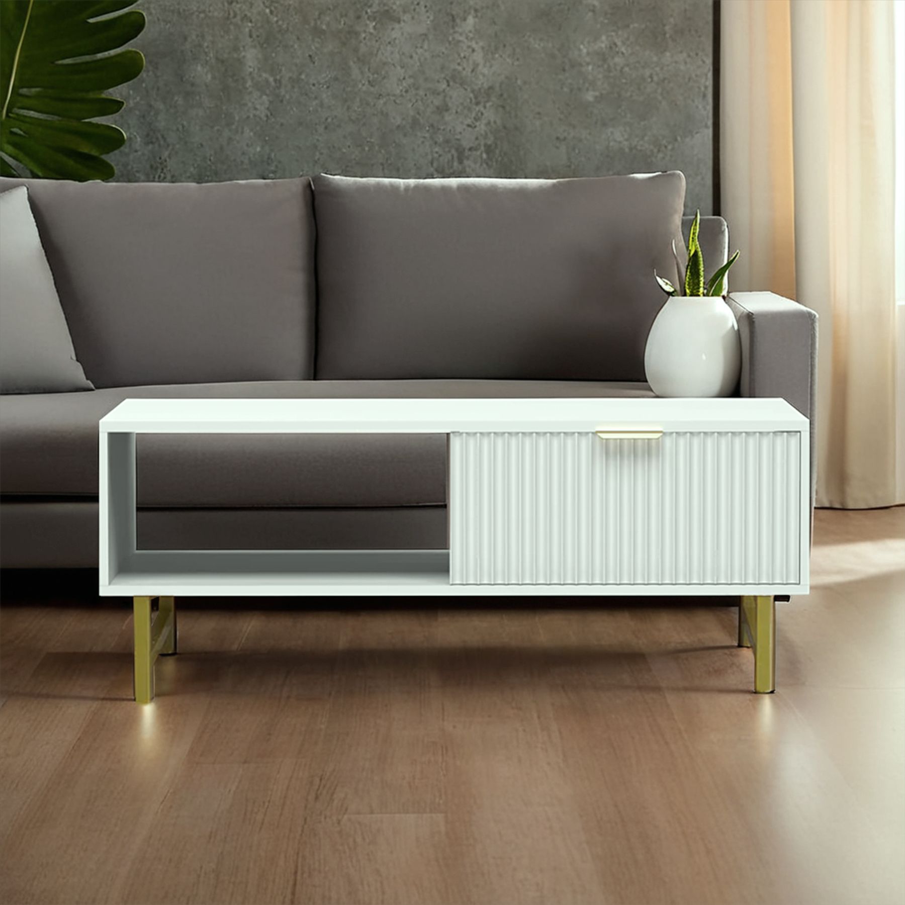 KOSY KOALA Modern White Coffee Table with Storage, Gold Metal Legs and Handles – Stylish Centre Table for Living Room and Lounge