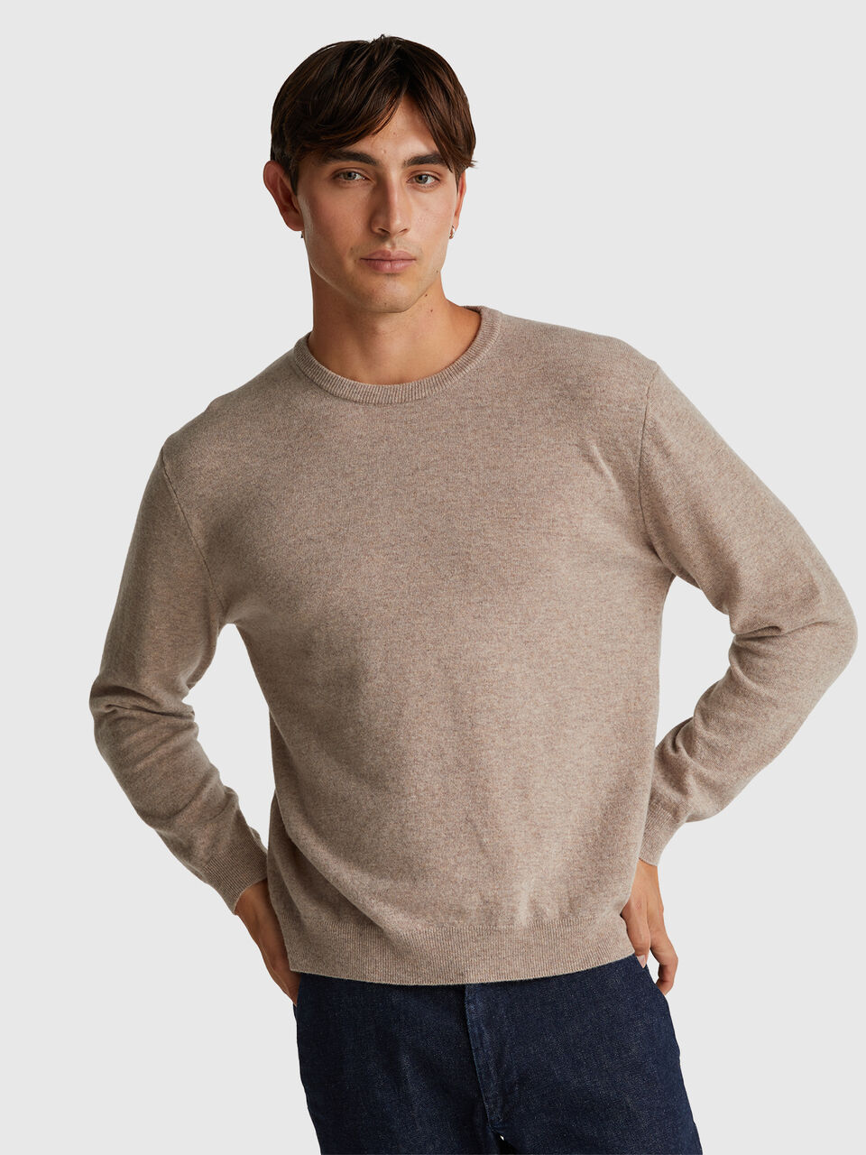 Marl brown crew neck sweater in pure Merino wool
