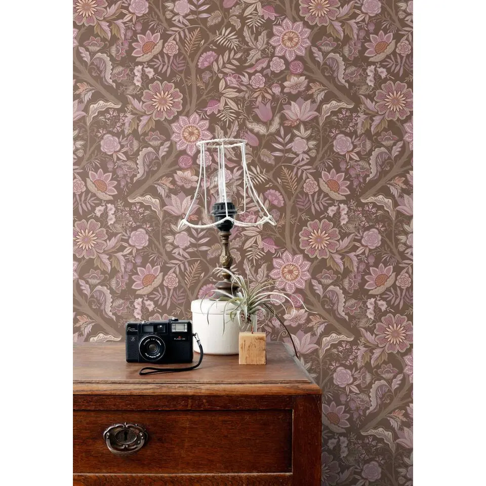 ESTAhome behang vintage bloemen mauve paars en vergrijsd groen - 50 x 900 cm