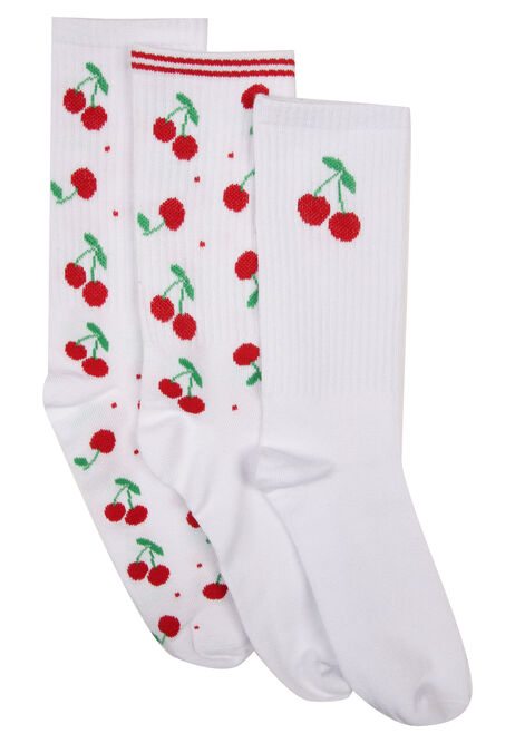 Womens 3pk White Cherry Ankle Socks