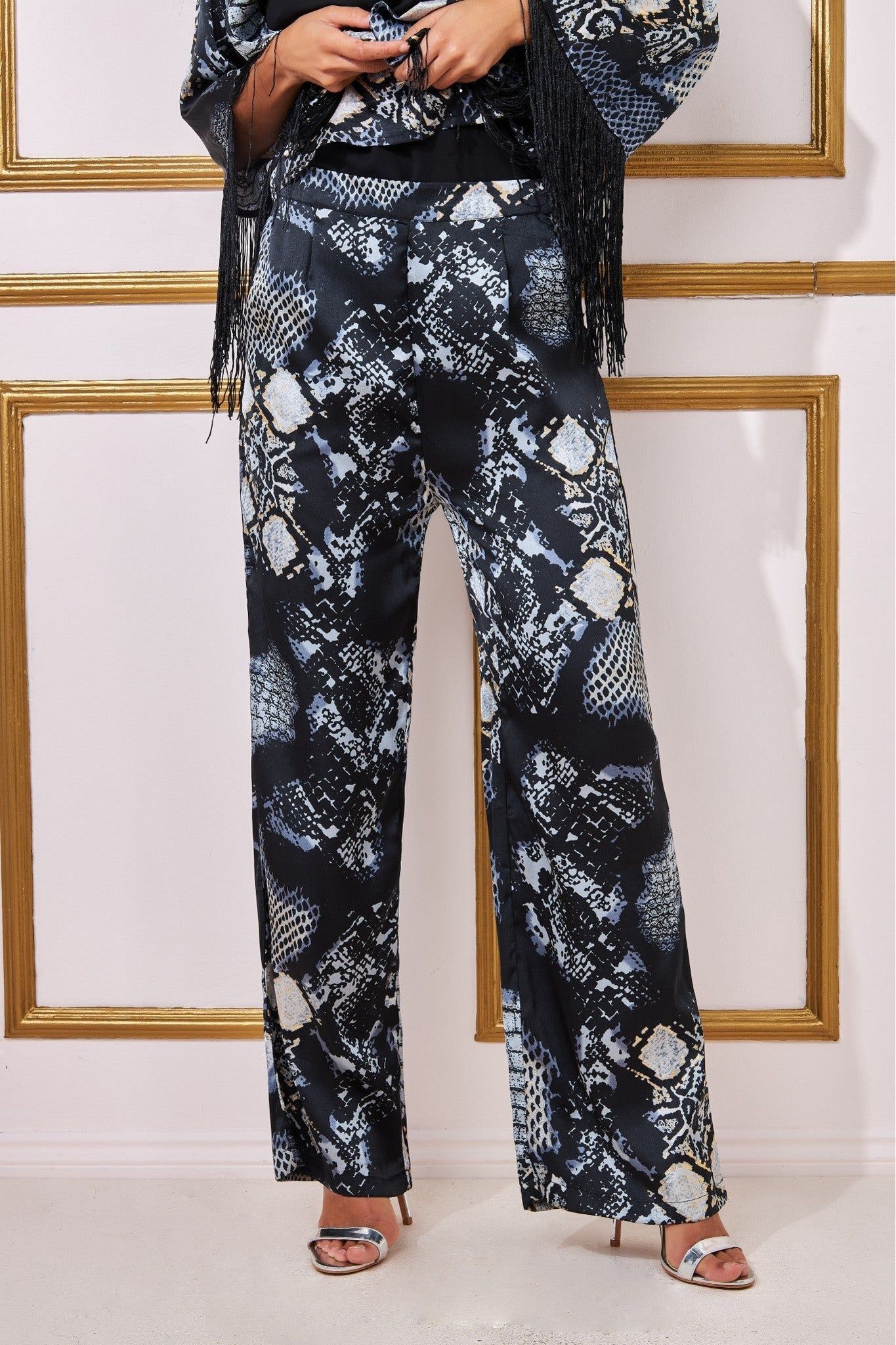 Goddiva Foil Print Wide Leg Trousers