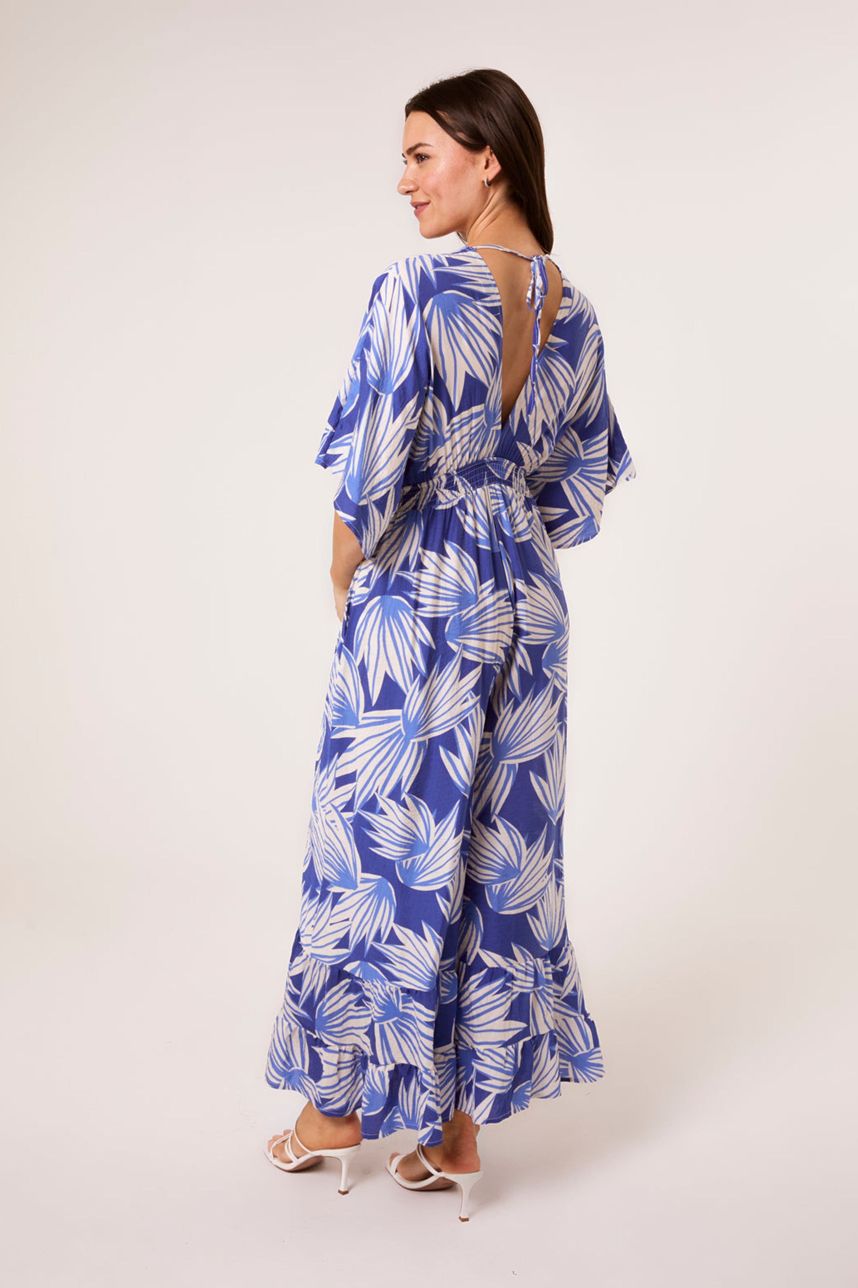 Blue Vanilla Blue Printed Leaf Wide Leg Jumpsuit