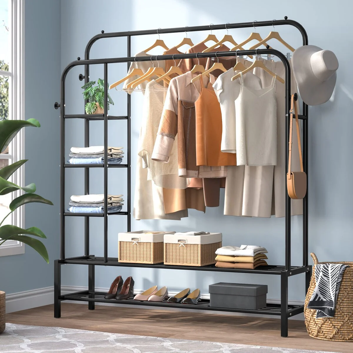 Double Rods Portable Garment Rack for Hanging clothes, 49 * 66 Inch Metal Clothing Rack with Bottom Shelves and 4 Hooks