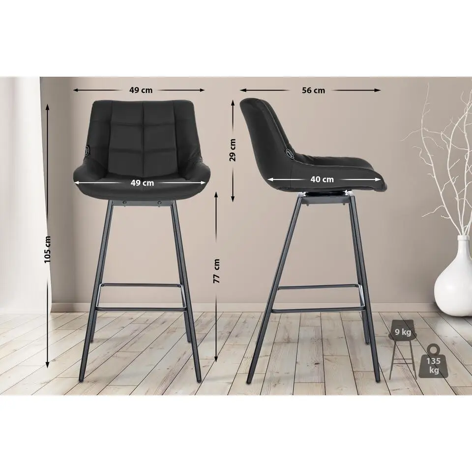 CLP Barkruk Weston zwart Frame - Kunstleer - zwart