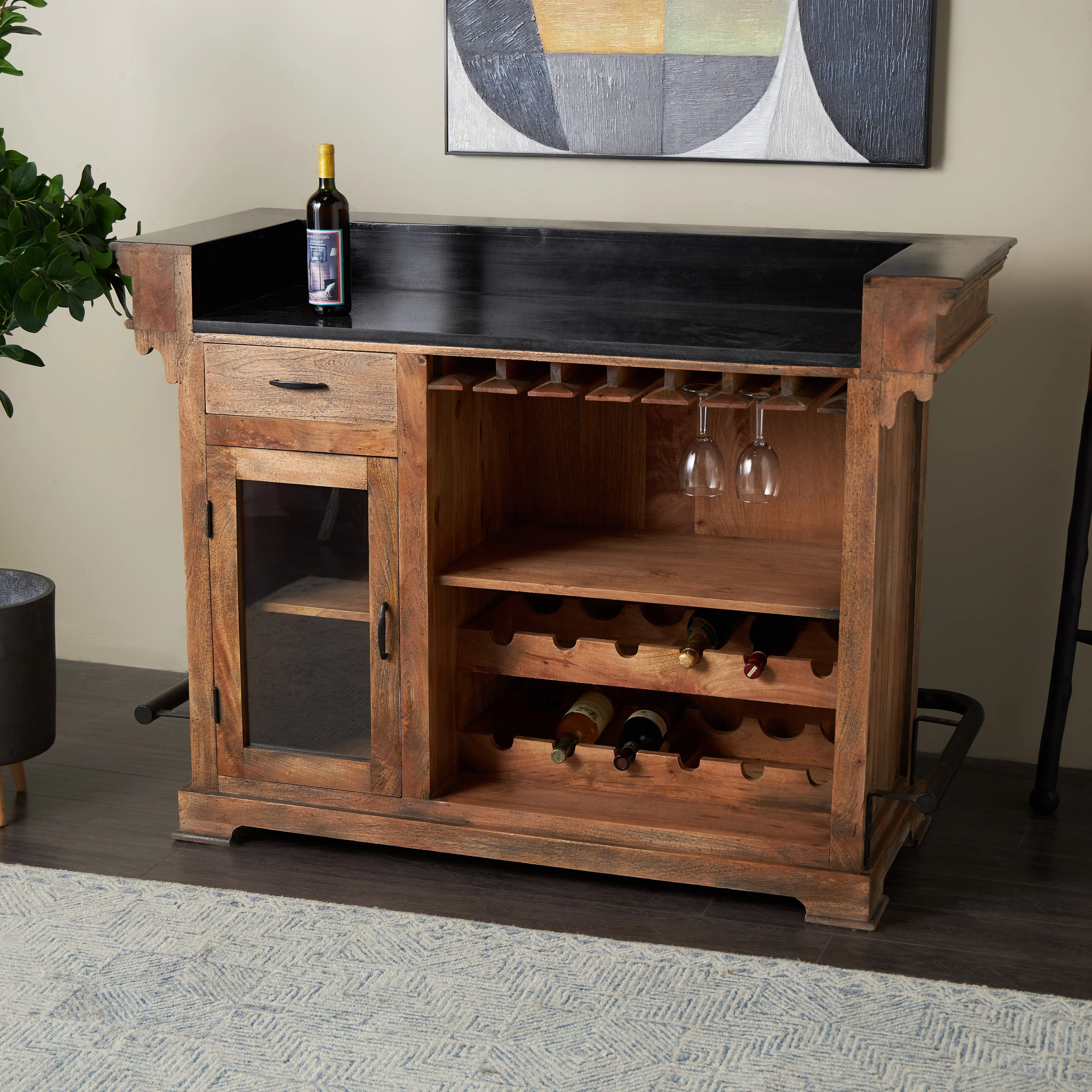 Mango Wood Vintage Bar with Black Metal Support - Brown - Roche River Decor