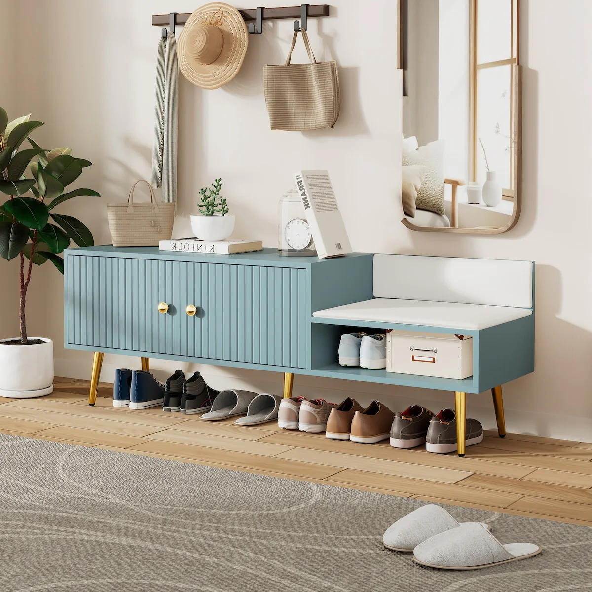 Modern Shoe Storage Bench with Hidden Storage and Upholstered Cushions for Bedside, Living Room and Entryway
