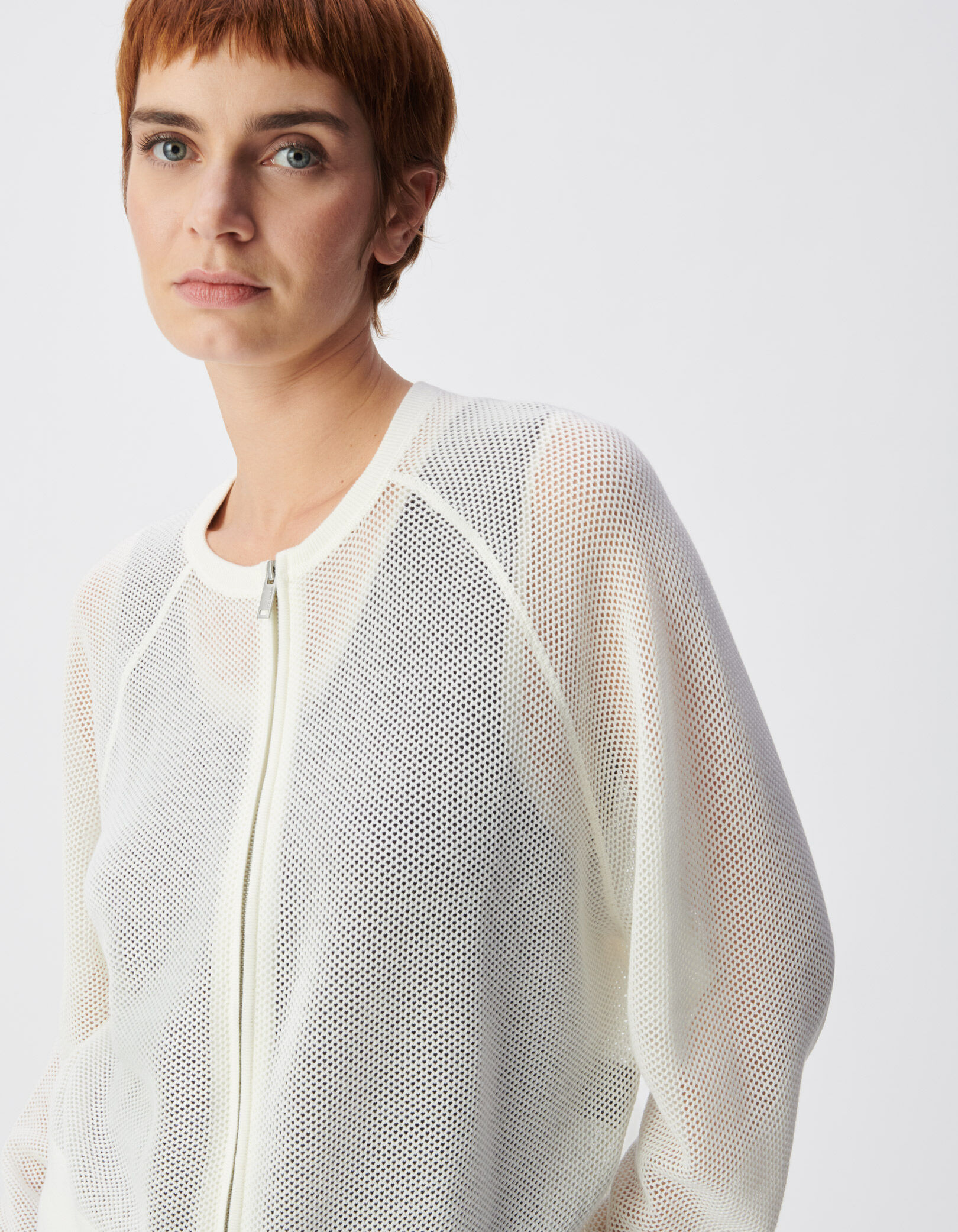 Cardigan zippé blanc tricot ajouré Femme
