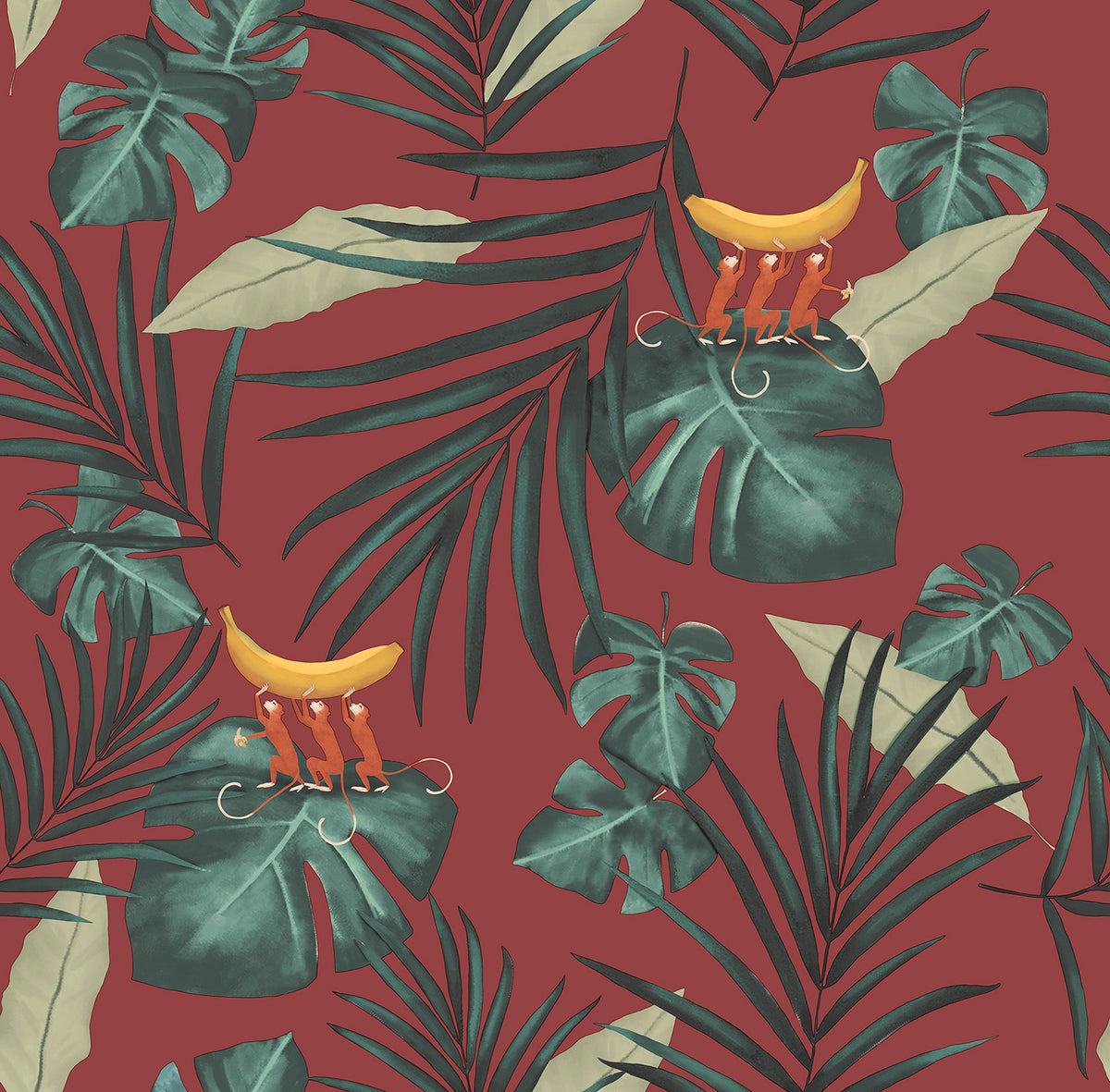 Walls4You behang apen en jungle bladeren rood en groen - 53 cm x 10 m - 640348