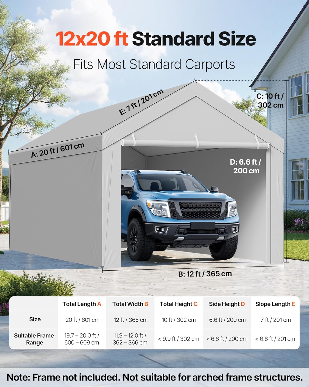 VEVOR Carport Replacement Canopy Cover, 12 x 20 ft Potable Garage Tent Top Tarp with Sidewalls, UV-Resistant & Waterproof, Heavy Duty Car Shelter Tarp with Ball Buggees, Grey, Frame Not Included
