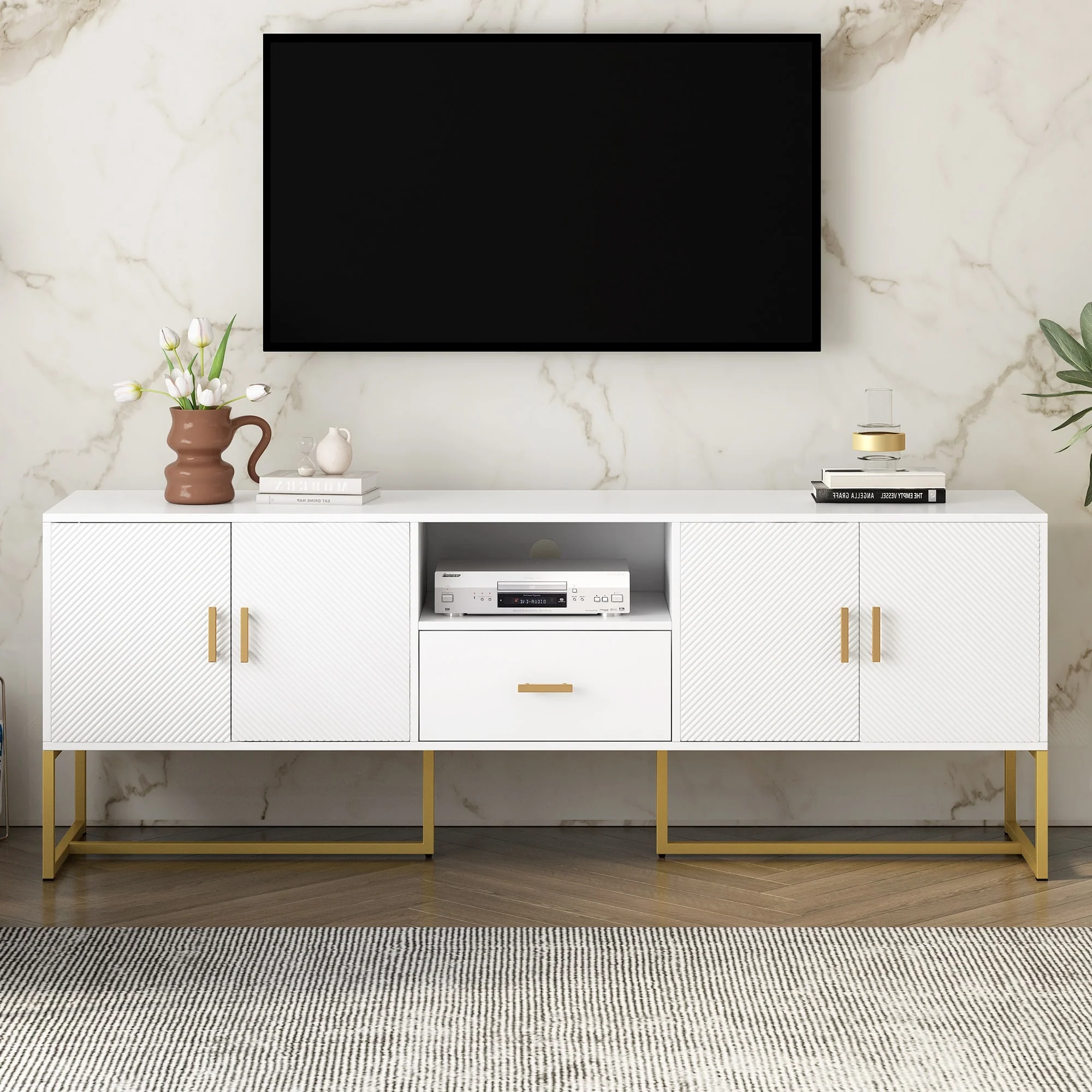 68.9-Inch Modern TV Stand with Ample Storage, Metal Legs, and Anti-Tip Device for TVs up to 70 Inches