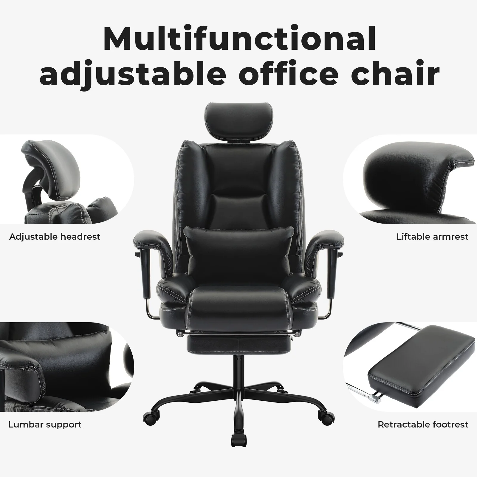 Office Chair Ergonomic 200 kg PU Leather Computer Chair with Lumbar Support and High Backrest, Ergonomic Desk Chair