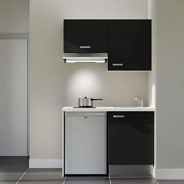 Kitchenette K01 façades Noir - Plan de travail Blanc - Crédences : Non - Evier inox - Electroménager Inox inclus