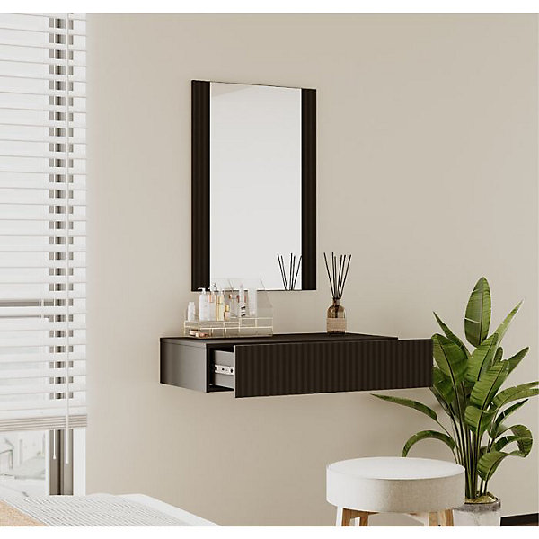 Coiffeuse cannelée suspendue - Noir mat - Mélamine PVC - 1 tiroir - Miroir 54x80 cm - Tiroir 80x17x42 cm