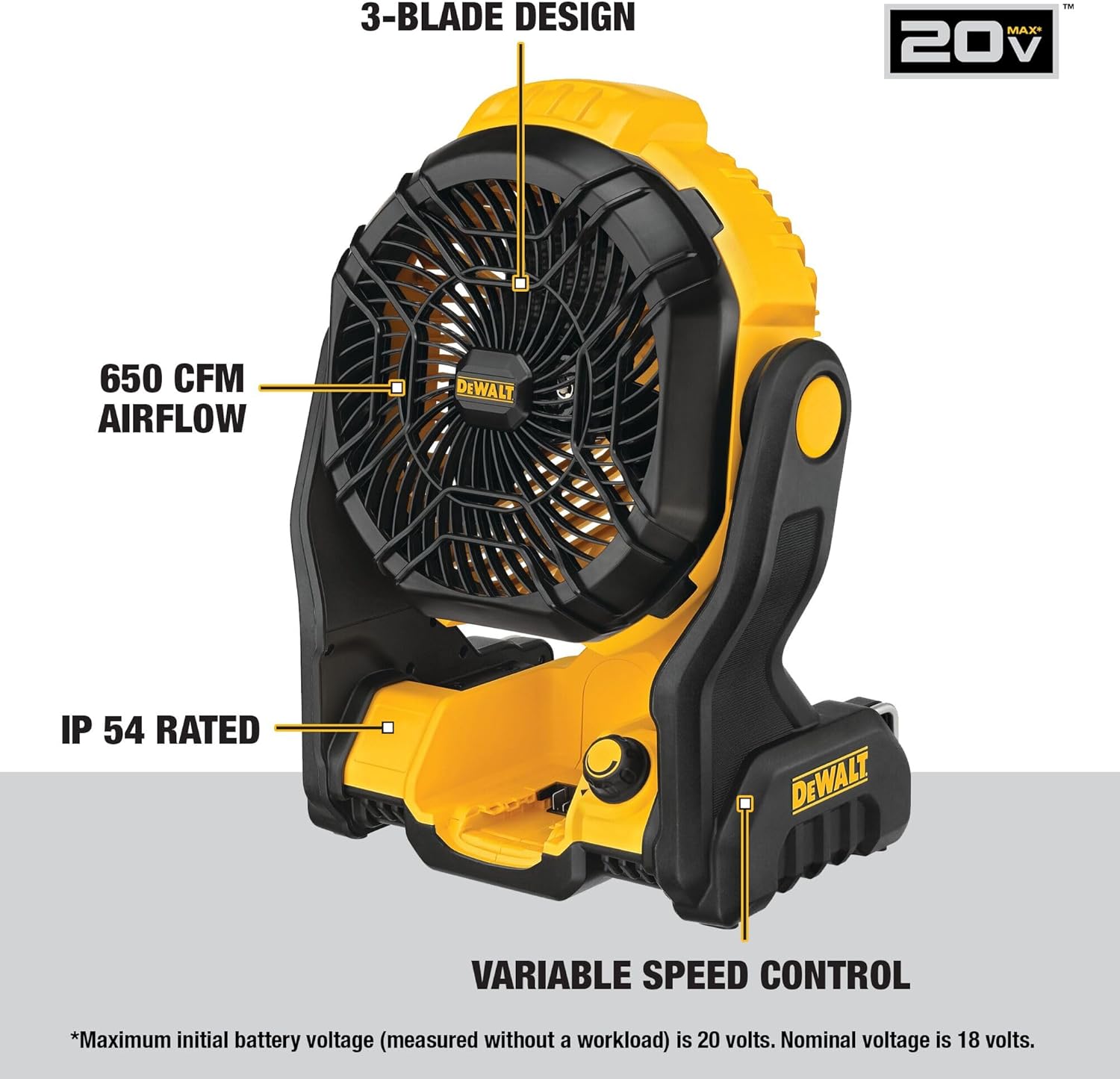 DEWALT 20V MAX Portable Fan, Battery Powered Rechargeable Cordless Shop Fan, Up to 4.5 Hrs Runtime, Variable Speed, 650 CFM, Tool Only (DCE512B)