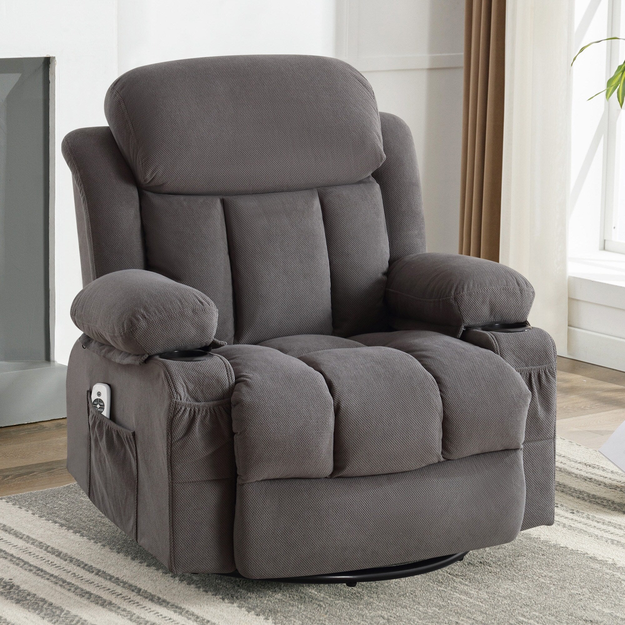 Swinging recliner massage heated sofa with USB and 2 cup holders in side pockets