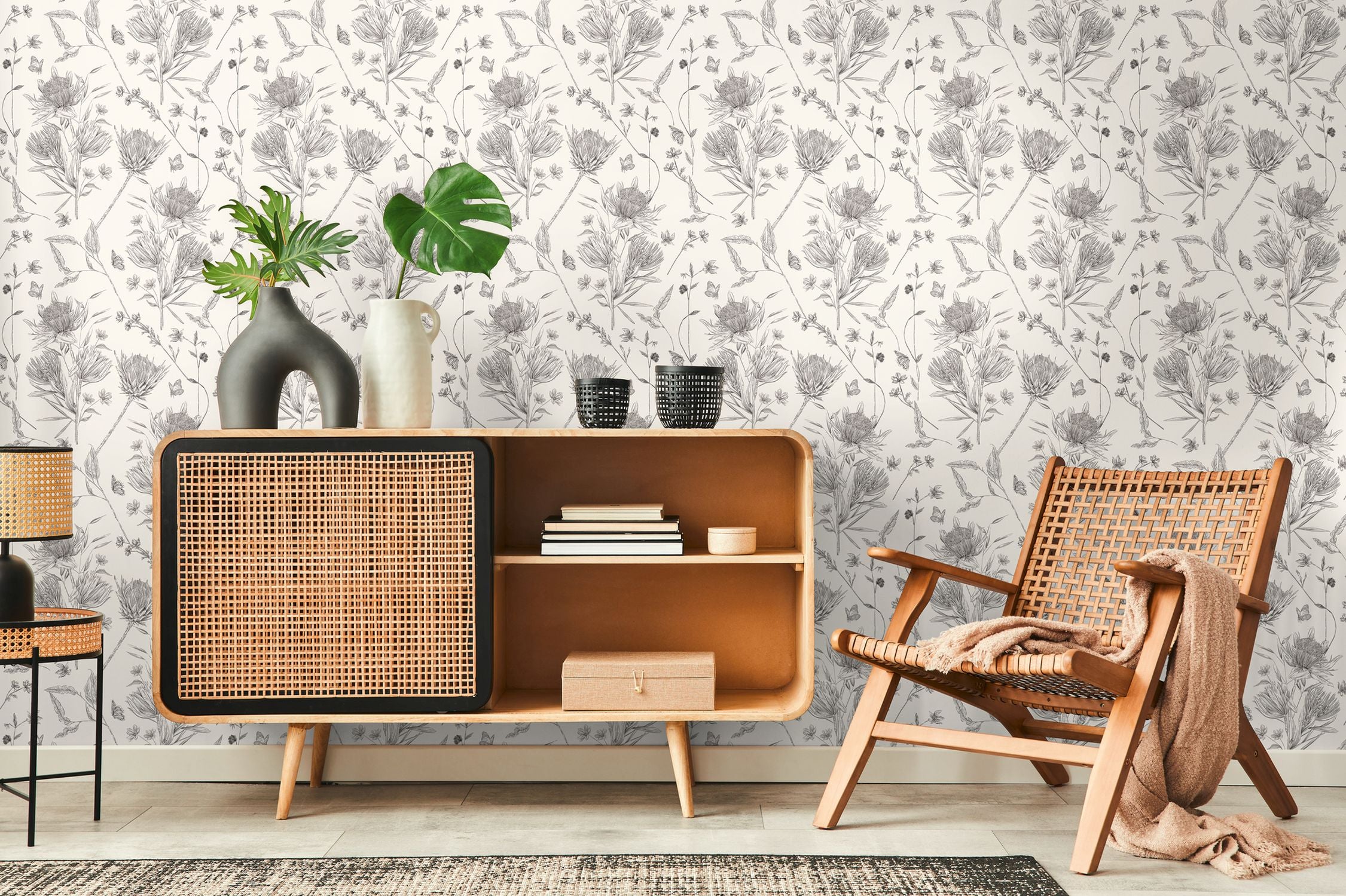 Livingwalls behang bloemen wit en zwart - 53 cm x 10.05 m - AS-394272