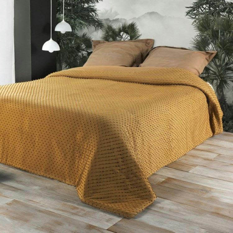 POMPON - Dessus de lit polyester moutarde 180x240cm