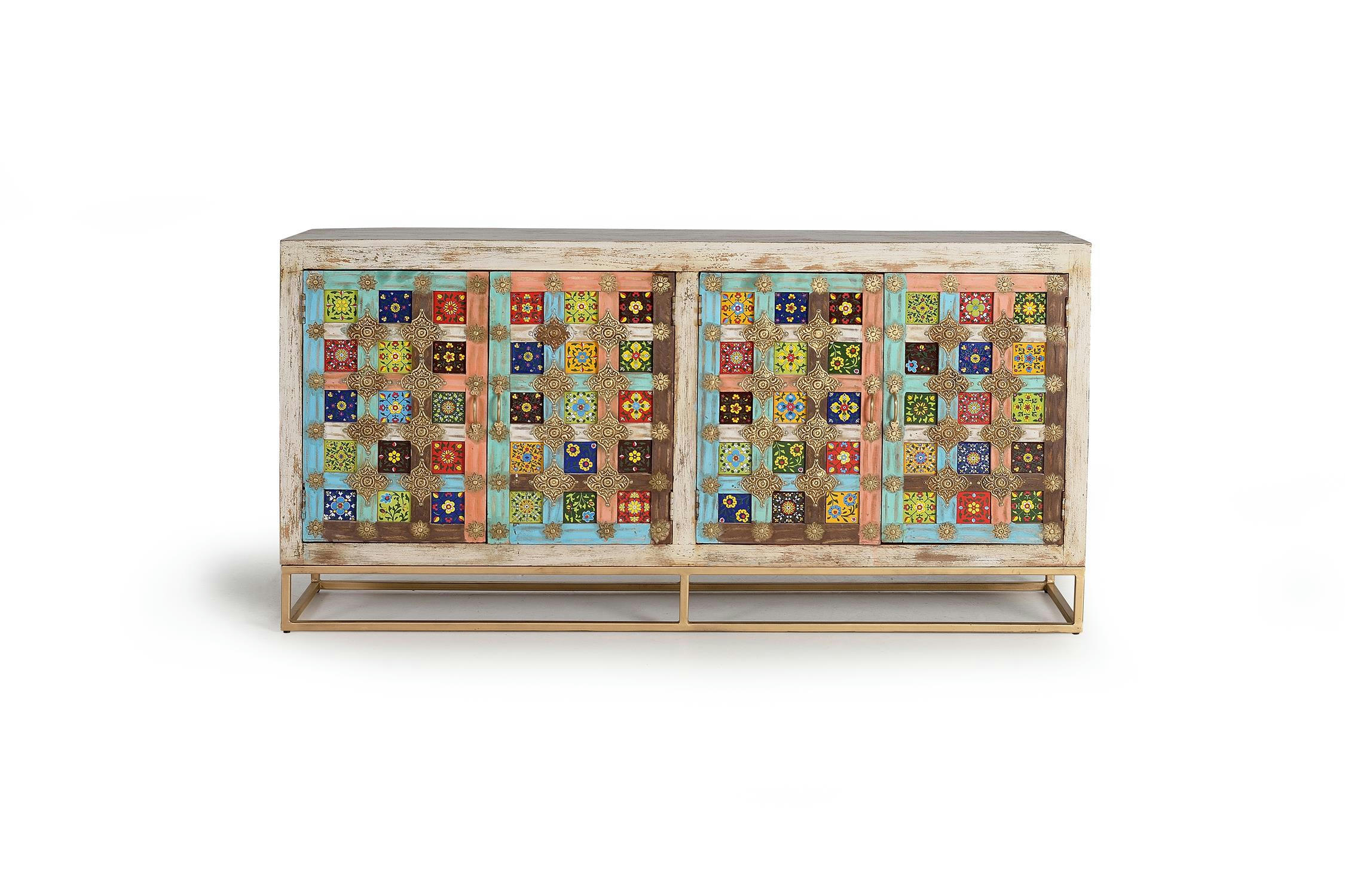 - Buffet en bois de manguier avec details en maiolique et pieds en métal