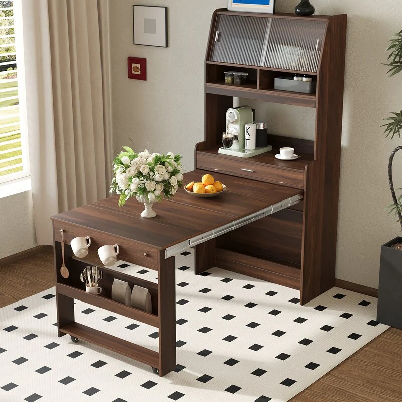 Multifunctional Buffet Hutch and Foldable Dining Table with Storage Unit and Rolling Wheels for Small Spaces