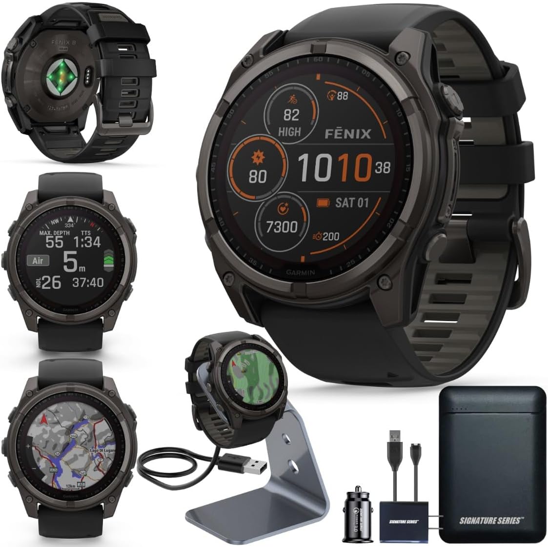 Garmin Fenix 8 Premium Multisport GPS Running Smartwatch  51 mm  Sapphire  Solar  Dive-Rated  Built-in Flashlight  DLC Titanium with Pebble Gray Band - Signature Series Charging Stand