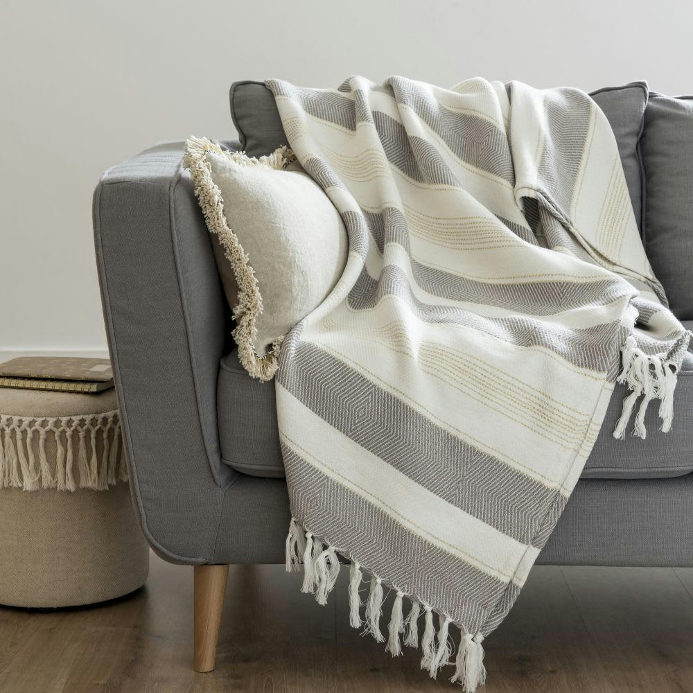 KIMBERLEY - Plaid en coton recyclé tissé motifs à rayures écrues et beiges 180x240