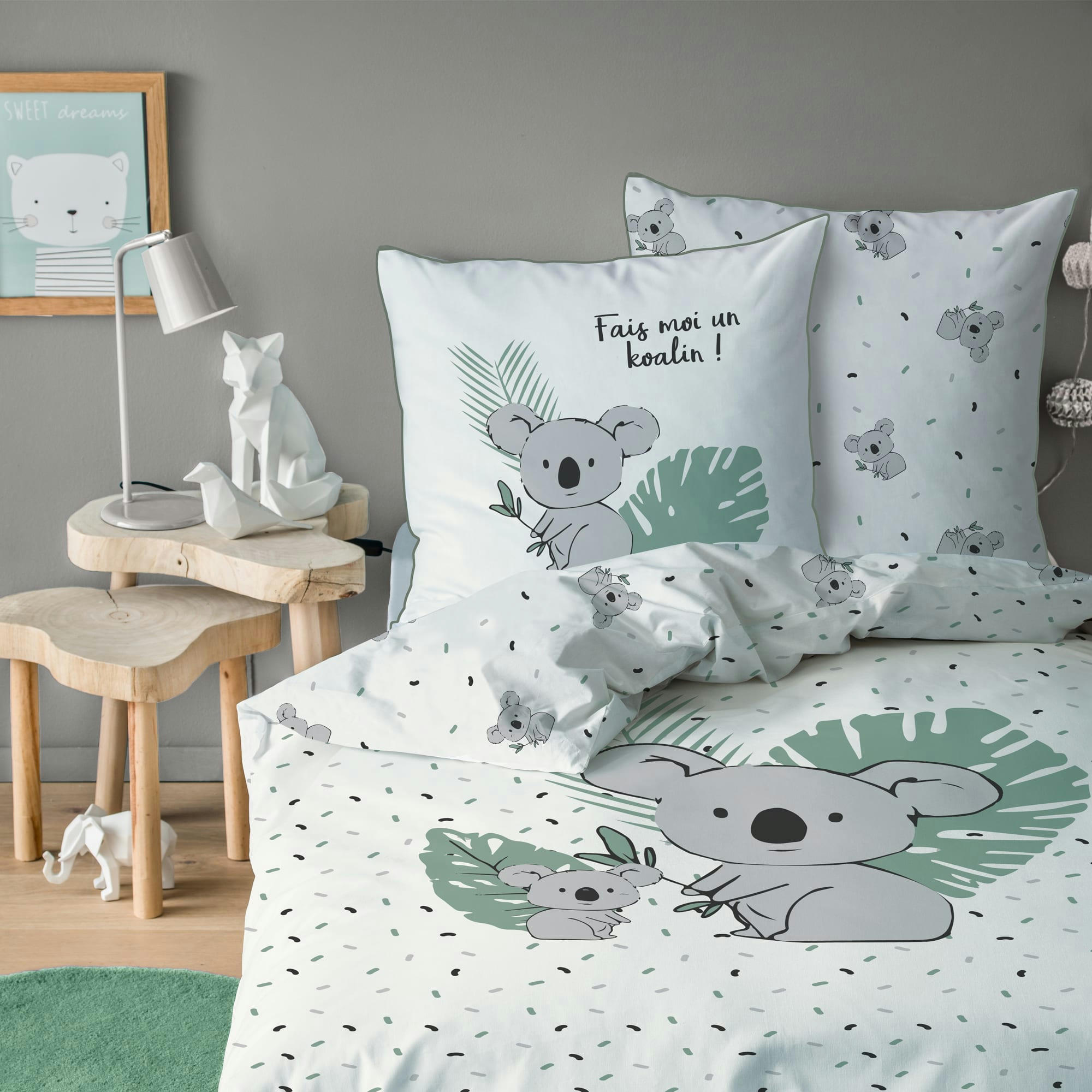 KOALAS - Parure de lit imprimée en coton Ecru 140x200+63x63cm
