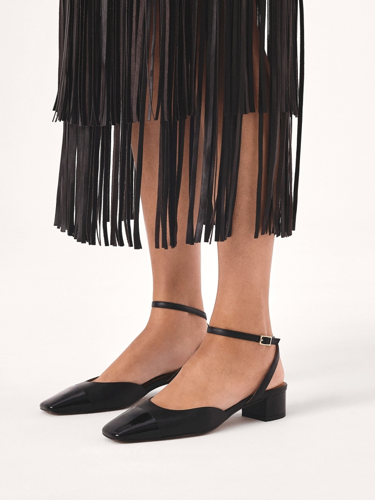 Black pumps with ankle wrap strap