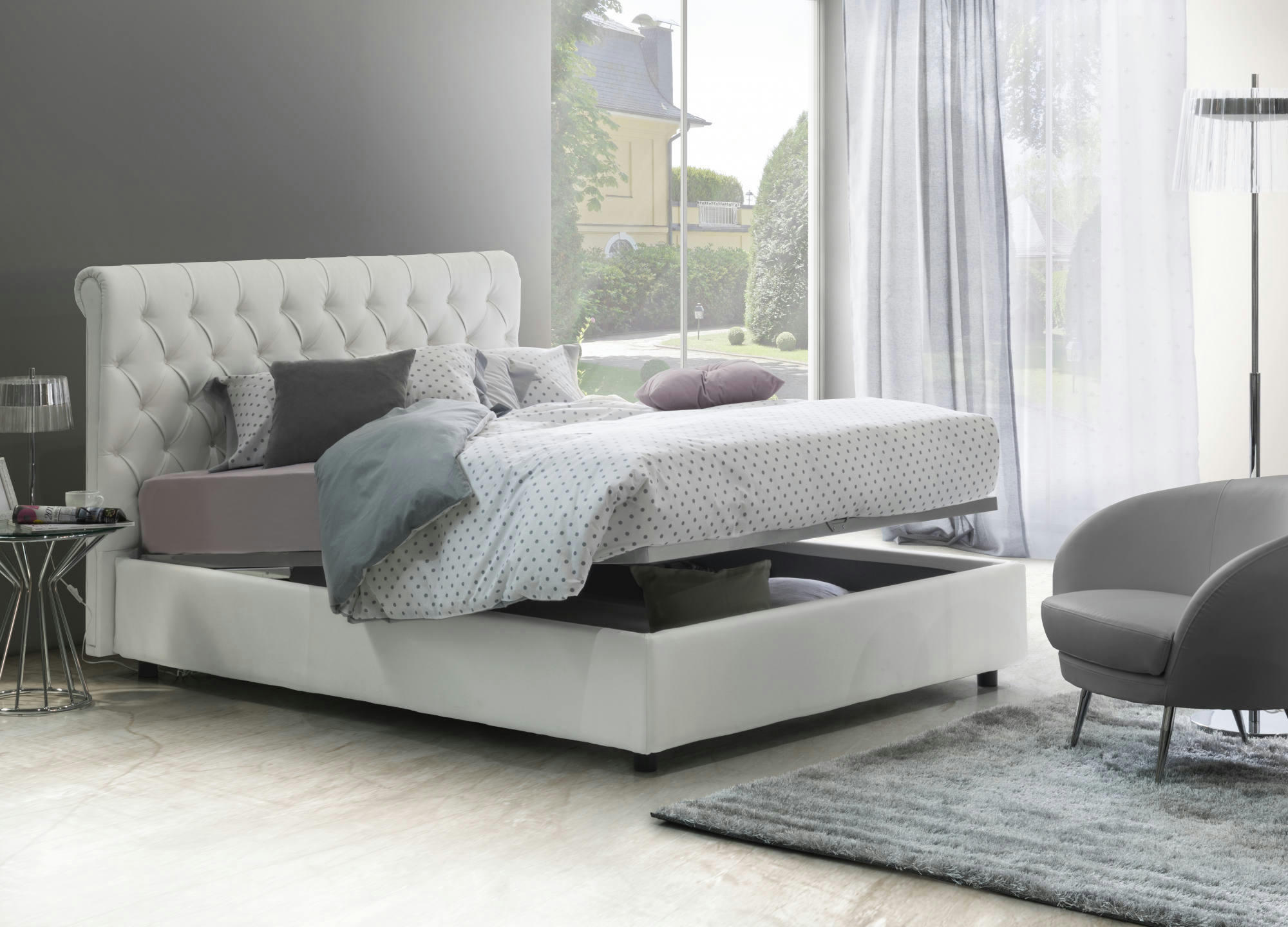 DBECA - Lit coffre 160x190 cm en éco-cuir blanc