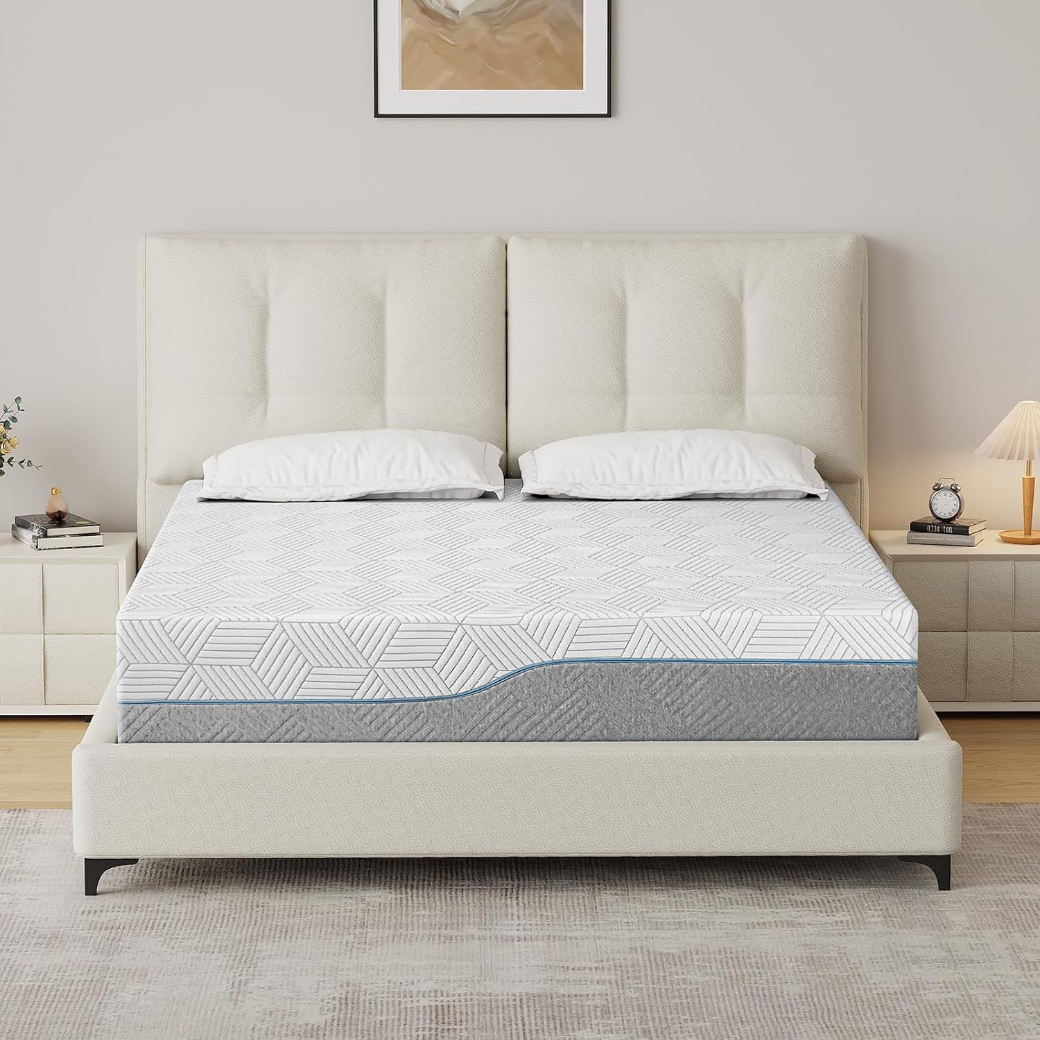 Extra Firm Mattress King 12 Inch, Green Tea/Gel Memory Foam Mattress with Fiberglass-Free Cover,Two Side White Medium Firm/Extra Firm High-Density-Mattress for Back Pain,CertiPUR-US,in USA, 80x 76