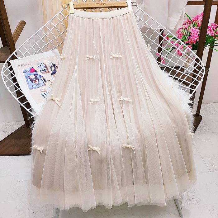 PEACH ACCESSORIES Cream Tulle Midi Skirt with Bows