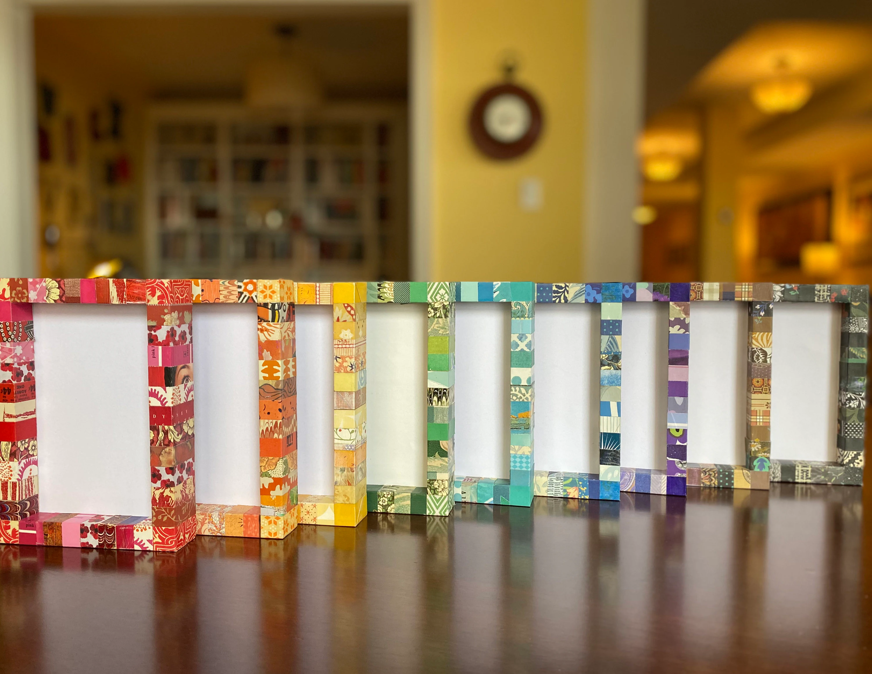 Decorative picture frame, striped, collaged with vintage and recycled papers