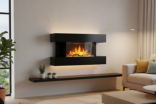 CHEMIN'ARTE - Cheminée électrique Murale Lounge Médium Noire 82 cm Effet Flammes LED, Chauffage programmable, Télécommande