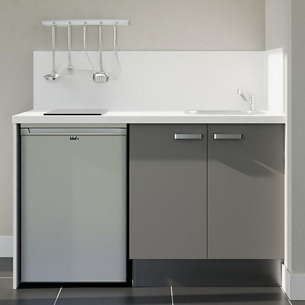 Kitchenette K17 façades Gris - Plan de travail Blanc - Crédences : Oui - Evier inox - Electroménager Inox inclus