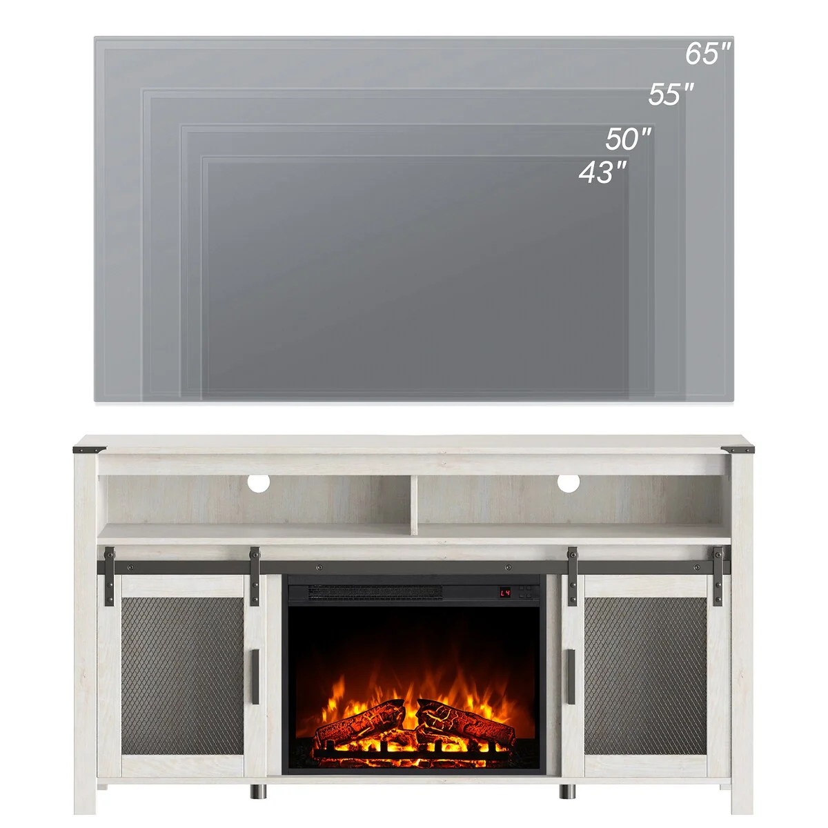 Rustic TV Stand with 23 Fireplace, Mesh Barn Doors, Adjustable Shelf