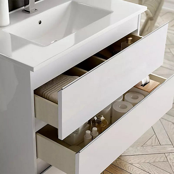 Meuble sous vasque seul, 2 tiroirs, 60cm, simple vasque - blanc laqué - BALEA
