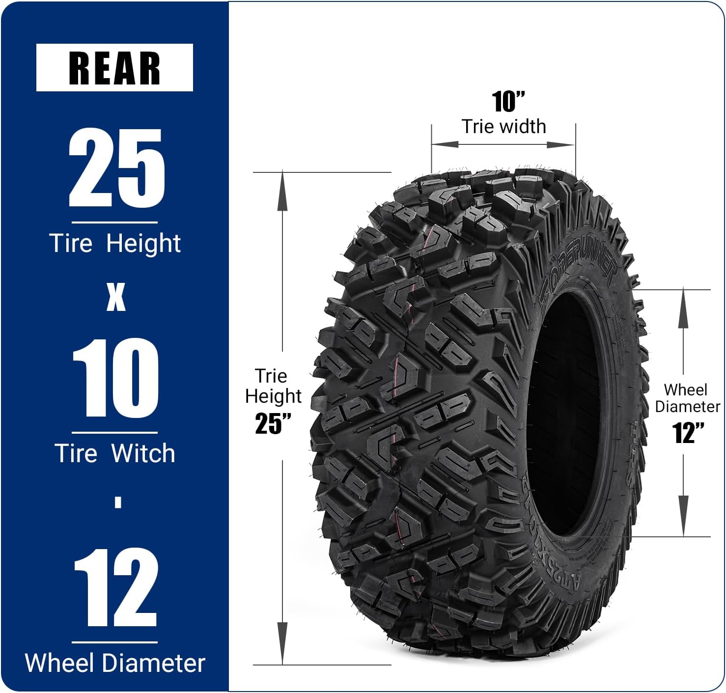 Set of 2 FORERUNNER 25X10-12 ATV Tires, 6PR Tubeless UTV Tires, All-terrain Tires