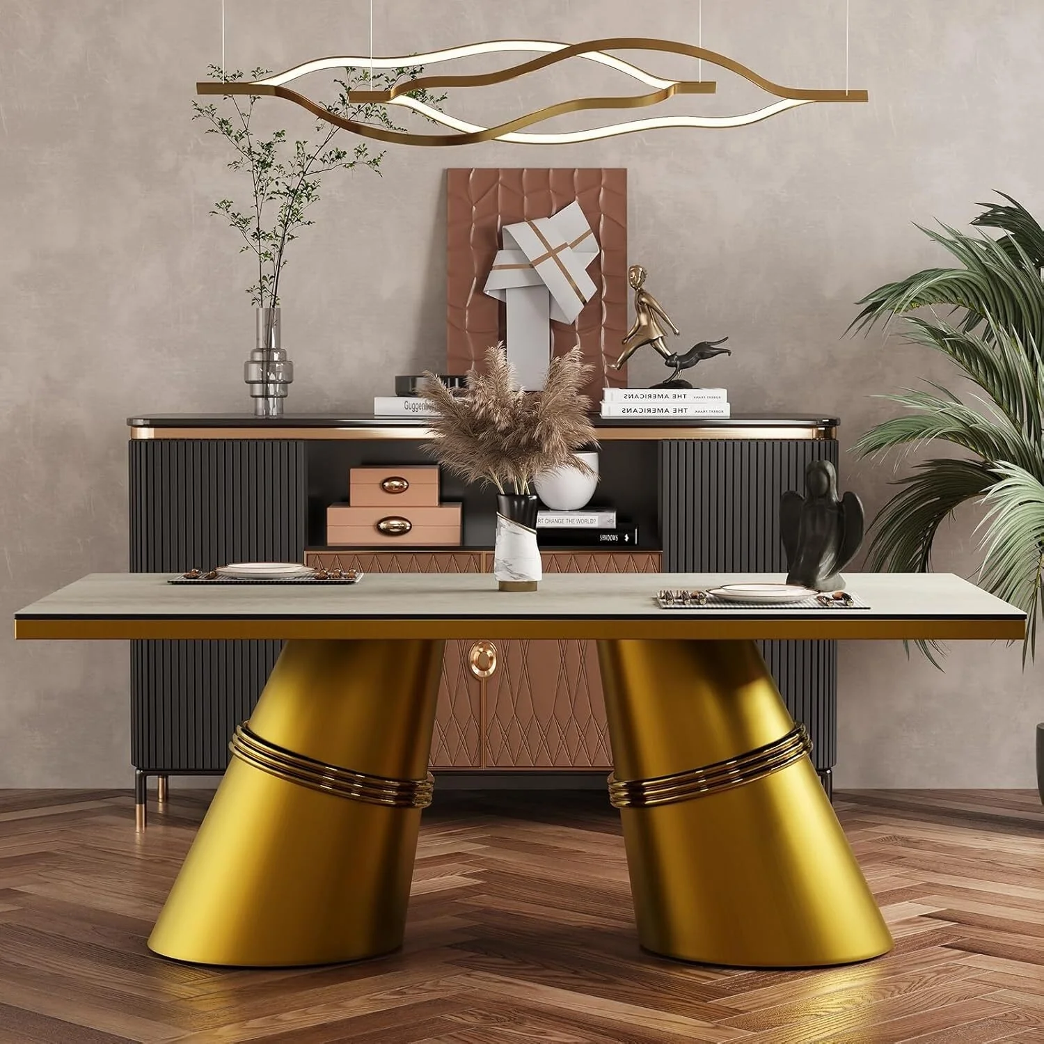 Brushed Gold Dining Table with 78 inch Glass Top and Tapered Barrel Base
