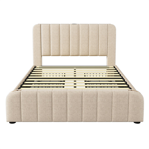 lit rembourré 140x200 cm lit 4 tiroirs lit fonction de charge usb type-c lit bandes décoratives dorées lit double lin beige