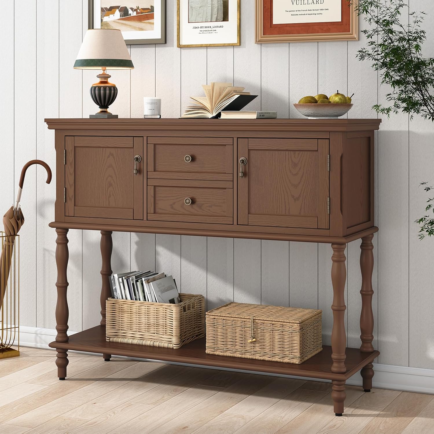 ARTPOWER Console Table for Entryway, Retro Wooden Table with Storage, 2 Doors & Drawers and Open Shelf, Behind Couch Sofa Table for Living Room, Foyer, Hallway, Brown