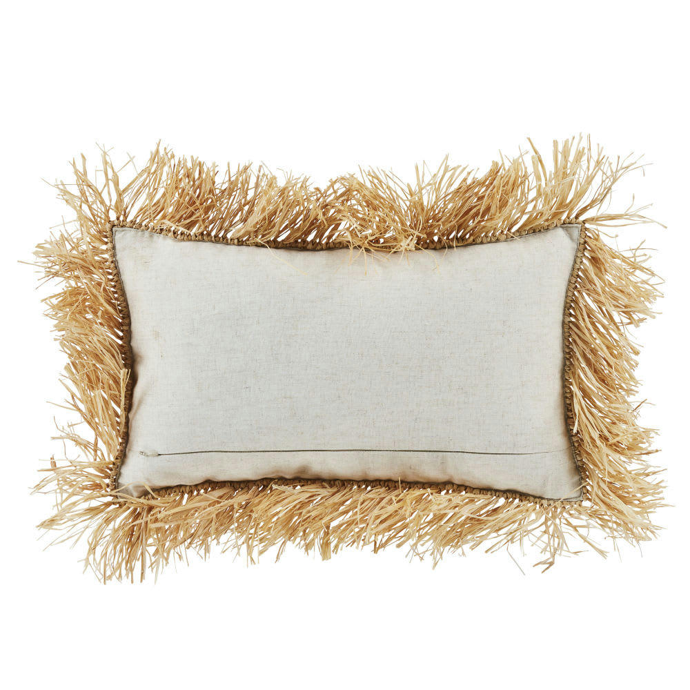 PUNTA CANA - Coussin en raphia tressé beige à franges 30x50
