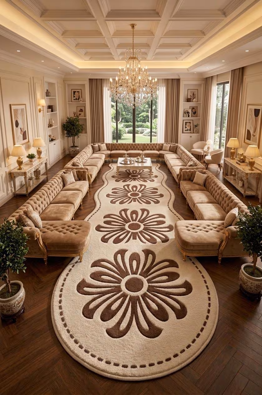 Floral Runner Rug, Cream Brown Flower Rug, Scalloped Area Rug, Hand Tufted Wool Runner, Boho Hallway Rug, Bedroom Runner, Custom Size