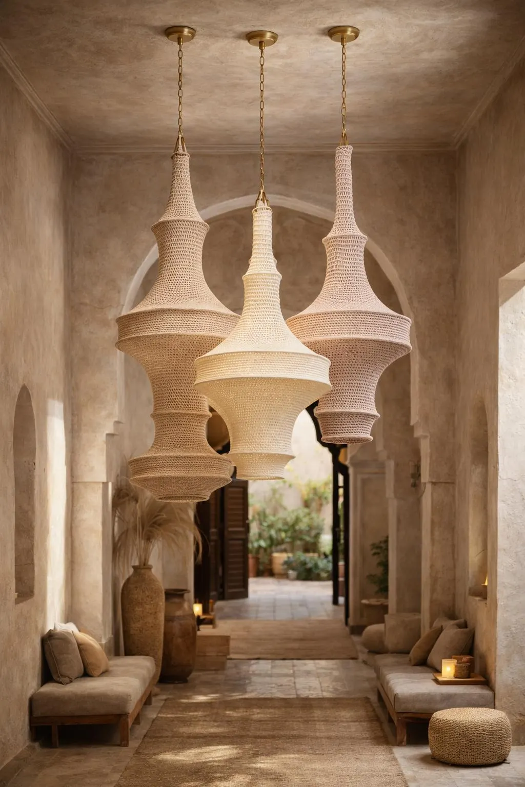 Set of 3 Large Handmade Pendant Light for High Ceilings, Nylon Hamimi Design Lamp