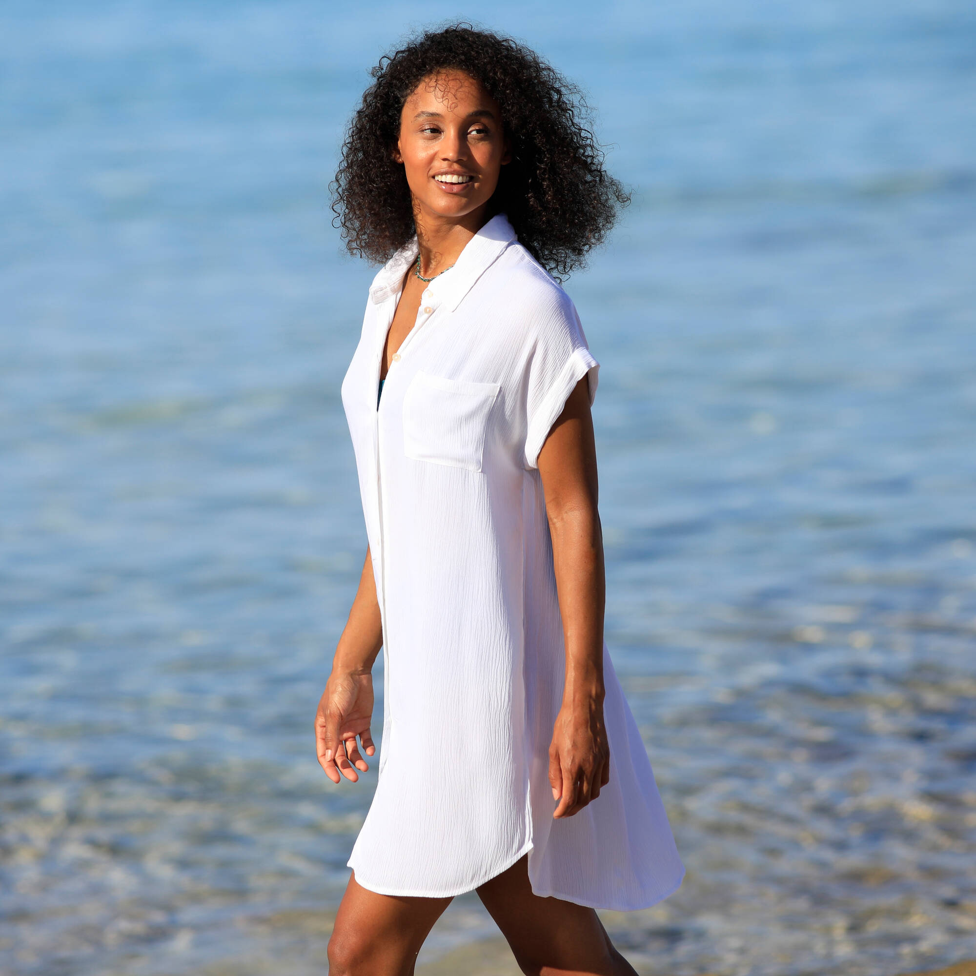 Robe de plage unie, crépon
